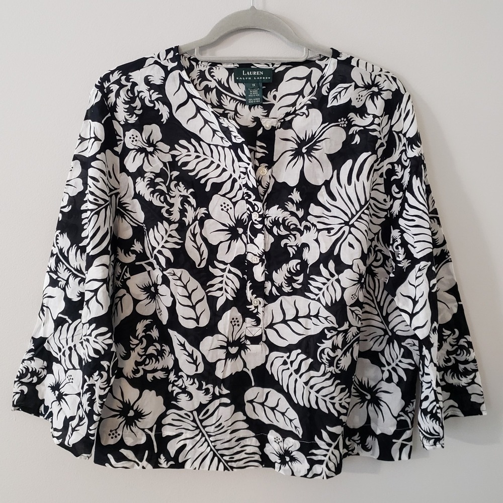 Lauren Ralph Lauren Womens Lightweight Floral Top 1X Popover 3/4 Sleeve Flowy